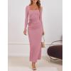 imageZESICA Womens Fall Long Sleeve Bodycon Maxi Dresses 2025 Casual Square Neck Ruched Back Slit Cocktail Party DressPink