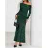 imageZESICA Womens Long Sleeve Off Shoulder Bodycon Dresses Fall 2025 Ruched Lace Wedding Guest Cocktail Formal Maxi DressGreen