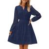 imageZESICA Womens 2025 Long Sleeve Mini Dress Fall V Neck Hollow Out Eyelet Embroidery Ruffle A Line Swing Short DressesNavy