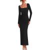 imageZESICA Womens Fall Long Sleeve Bodycon Maxi Dresses 2025 Casual Square Neck Ruched Back Slit Cocktail Party DressBlack
