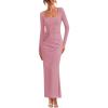 imageZESICA Womens Fall Long Sleeve Bodycon Maxi Dresses 2025 Casual Square Neck Ruched Back Slit Cocktail Party DressPink