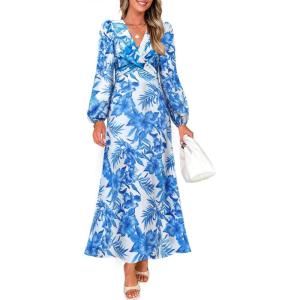 imageZESICA Fall Floral Dresses for Women 2025 Elegant Long Sleeve V Neck Mesh Cocktail Wedding Party Maxi DressBlue