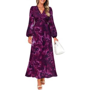 imageZESICA Fall Floral Dresses for Women 2025 Elegant Long Sleeve V Neck Mesh Cocktail Wedding Party Maxi DressDarkpurple