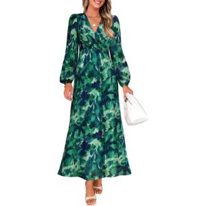 imageZESICA Fall Floral Dresses for Women 2025 Elegant Long Sleeve V Neck Mesh Cocktail Wedding Party Maxi DressGreen