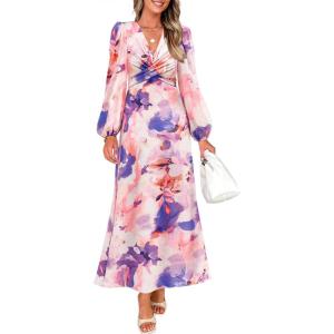 imageZESICA Fall Floral Dresses for Women 2025 Elegant Long Sleeve V Neck Mesh Cocktail Wedding Party Maxi DressPurple