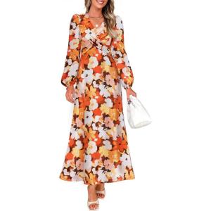 imageZESICA Fall Floral Dresses for Women 2025 Elegant Long Sleeve V Neck Mesh Cocktail Wedding Party Maxi DressTangerine