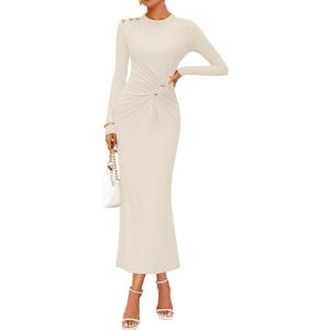 imageZESICA Womens 2025 Fall Long Sleeve Mock Neck Bodycon Midi Dress Ruched Knit Elegant Party Cocktail Formal DressesApricot