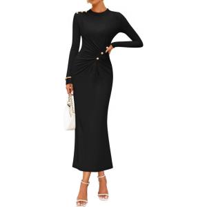 imageZESICA Womens 2025 Fall Long Sleeve Mock Neck Bodycon Midi Dress Ruched Knit Elegant Party Cocktail Formal DressesBlack