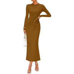 imageZESICA Womens 2025 Fall Long Sleeve Mock Neck Bodycon Midi Dress Ruched Knit Elegant Party Cocktail Formal DressesBrown