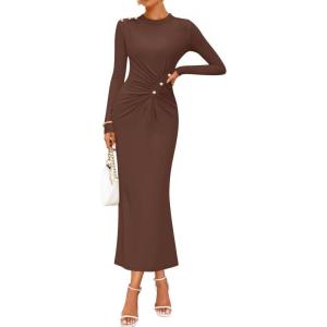 imageZESICA Womens 2025 Fall Long Sleeve Mock Neck Bodycon Midi Dress Ruched Knit Elegant Party Cocktail Formal DressesCoffee