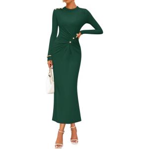 imageZESICA Womens 2025 Fall Long Sleeve Mock Neck Bodycon Midi Dress Ruched Knit Elegant Party Cocktail Formal DressesGreen