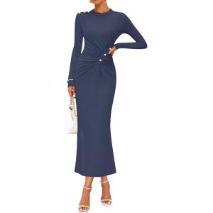 imageZESICA Womens 2025 Fall Long Sleeve Mock Neck Bodycon Midi Dress Ruched Knit Elegant Party Cocktail Formal DressesNavy