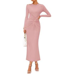 imageZESICA Womens 2025 Fall Long Sleeve Mock Neck Bodycon Midi Dress Ruched Knit Elegant Party Cocktail Formal DressesPink