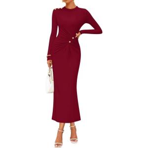 imageZESICA Womens 2025 Fall Long Sleeve Mock Neck Bodycon Midi Dress Ruched Knit Elegant Party Cocktail Formal DressesRed