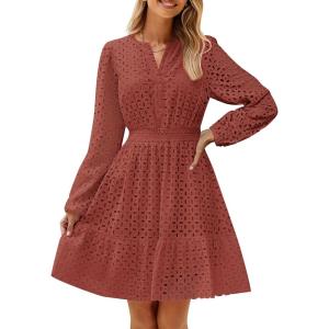 imageZESICA Womens 2025 Long Sleeve Mini Dress Fall V Neck Hollow Out Eyelet Embroidery Ruffle A Line Swing Short DressesRust