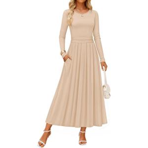 imageZESICA Womens Elegant Long Sleeve Maxi Dress 2025 Fall Crewneck Knit High Waist Pleated Flowy A Line Casual Party DressesApricot