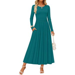 imageZESICA Womens Elegant Long Sleeve Maxi Dress 2025 Fall Crewneck Knit High Waist Pleated Flowy A Line Casual Party DressesAqua