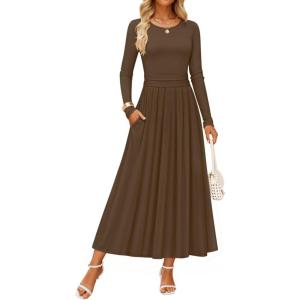imageZESICA Womens Elegant Long Sleeve Maxi Dress 2025 Fall Crewneck Knit High Waist Pleated Flowy A Line Casual Party DressesBrown