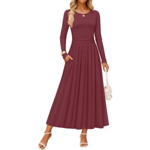 imageZESICA Womens Elegant Long Sleeve Maxi Dress 2025 Fall Crewneck Knit High Waist Pleated Flowy A Line Casual Party DressesFuchsia