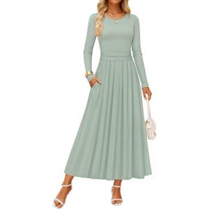imageZESICA Womens Elegant Long Sleeve Maxi Dress 2025 Fall Crewneck Knit High Waist Pleated Flowy A Line Casual Party DressesGreen