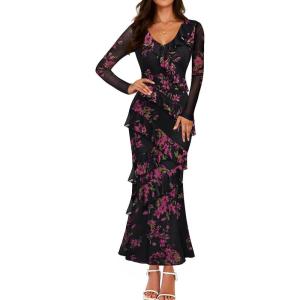 imageZESICA Womens Fall Floral Long Sleeve Maxi Dress 2025 Boho Bodycon V Neck Ruffle Wedding Party Long DressesBlack