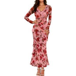 imageZESICA Womens Fall Floral Long Sleeve Maxi Dress 2025 Boho Bodycon V Neck Ruffle Wedding Party Long DressesDark Pink