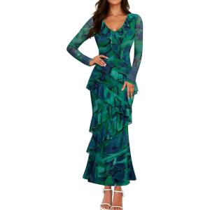 imageZESICA Womens Fall Floral Long Sleeve Maxi Dress 2025 Boho Bodycon V Neck Ruffle Wedding Party Long DressesGreen