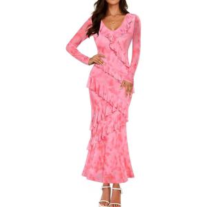 imageZESICA Womens Fall Floral Long Sleeve Maxi Dress 2025 Boho Bodycon V Neck Ruffle Wedding Party Long DressesPink