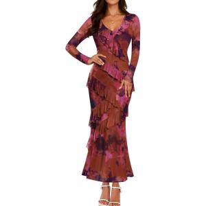imageZESICA Womens Fall Floral Long Sleeve Maxi Dress 2025 Boho Bodycon V Neck Ruffle Wedding Party Long DressesPurple