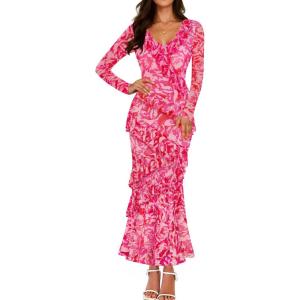 imageZESICA Womens Fall Floral Long Sleeve Maxi Dress 2025 Boho Bodycon V Neck Ruffle Wedding Party Long DressesRose