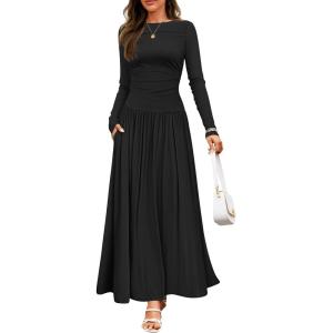 imageZESICA Womens Long Sleeve Fall Maxi Dress 2025 Crewneck Knit Casual Slim Swing Pleated Dresses with PocketsBlack