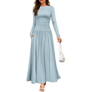 imageZESICA Womens Long Sleeve Fall Maxi Dress 2025 Crewneck Knit Casual Slim Swing Pleated Dresses with PocketsSky