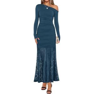 imageZESICA Womens Long Sleeve Off Shoulder Bodycon Dresses Fall 2025 Ruched Lace Wedding Guest Cocktail Formal Maxi DressBlue