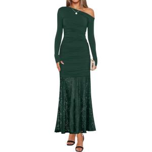 imageZESICA Womens Long Sleeve Off Shoulder Bodycon Dresses Fall 2025 Ruched Lace Wedding Guest Cocktail Formal Maxi DressGreen