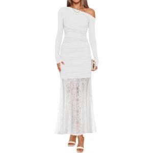imageZESICA Womens Long Sleeve Off Shoulder Bodycon Dresses Fall 2025 Ruched Lace Wedding Guest Cocktail Formal Maxi DressWhite