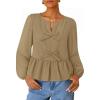 imageZESICA Womens Long Sleeve Babydoll Tops Crewneck Tie Front Casual Loose Ruffle Flowy Peplum Shirts 2025 Fall BlousesKhaki
