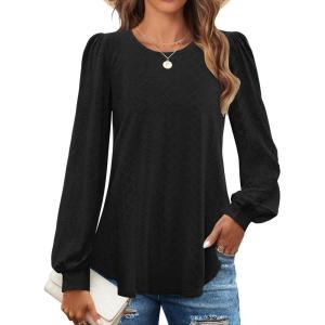 imageZESICA Long Sleeve Eyelet Tops for Womens Crew Neck Fall Shirts Casual Loose Blouses 2024 Trendy ClothesBlack