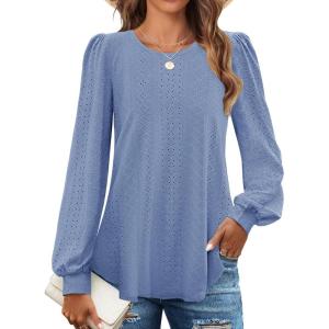imageZESICA Long Sleeve Eyelet Tops for Womens Crew Neck Fall Shirts Casual Loose Blouses 2024 Trendy ClothesBlue