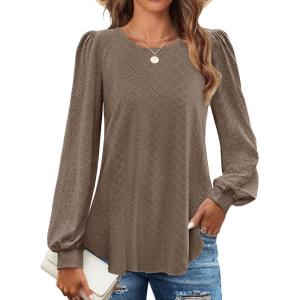 imageZESICA Long Sleeve Eyelet Tops for Womens Crew Neck Fall Shirts Casual Loose Blouses 2024 Trendy ClothesGreytaupe