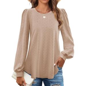 imageZESICA Long Sleeve Eyelet Tops for Womens Crew Neck Fall Shirts Casual Loose Blouses 2024 Trendy ClothesKhaki