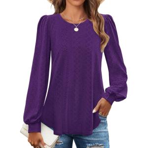 imageZESICA Long Sleeve Eyelet Tops for Womens Crew Neck Fall Shirts Casual Loose Blouses 2024 Trendy ClothesPurple
