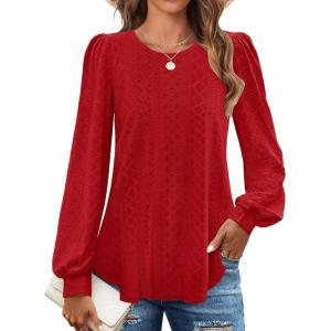 imageZESICA Long Sleeve Eyelet Tops for Womens Crew Neck Fall Shirts Casual Loose Blouses 2024 Trendy ClothesRed