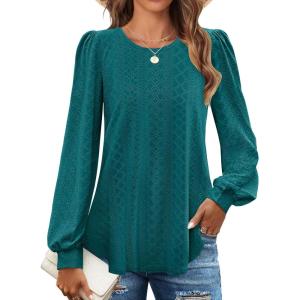 imageZESICA Long Sleeve Eyelet Tops for Womens Crew Neck Fall Shirts Casual Loose Blouses 2024 Trendy ClothesTealgreen