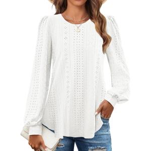 imageZESICA Long Sleeve Eyelet Tops for Womens Crew Neck Fall Shirts Casual Loose Blouses 2024 Trendy ClothesWhite