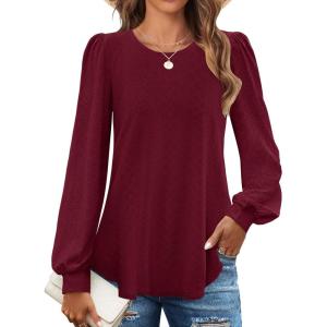 imageZESICA Long Sleeve Eyelet Tops for Womens Crew Neck Fall Shirts Casual Loose Blouses 2024 Trendy ClothesWine