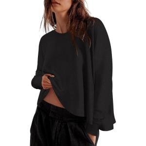 imageZESICA Womens Causal Long Sleeve Lightweight Sweatshirts Crewneck Side Slit Loose Shirts Basic Fall TopsBlack