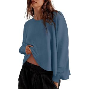 imageZESICA Womens Causal Long Sleeve Lightweight Sweatshirts Crewneck Side Slit Loose Shirts Basic Fall TopsDark Blue