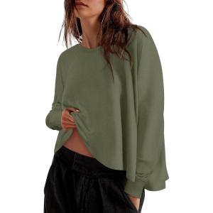 imageZESICA Womens Causal Long Sleeve Lightweight Sweatshirts Crewneck Side Slit Loose Shirts Basic Fall TopsGreen