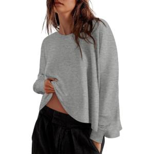 imageZESICA Womens Causal Long Sleeve Lightweight Sweatshirts Crewneck Side Slit Loose Shirts Basic Fall TopsGrey