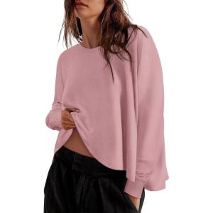 imageZESICA Womens Causal Long Sleeve Lightweight Sweatshirts Crewneck Side Slit Loose Shirts Basic Fall TopsPink